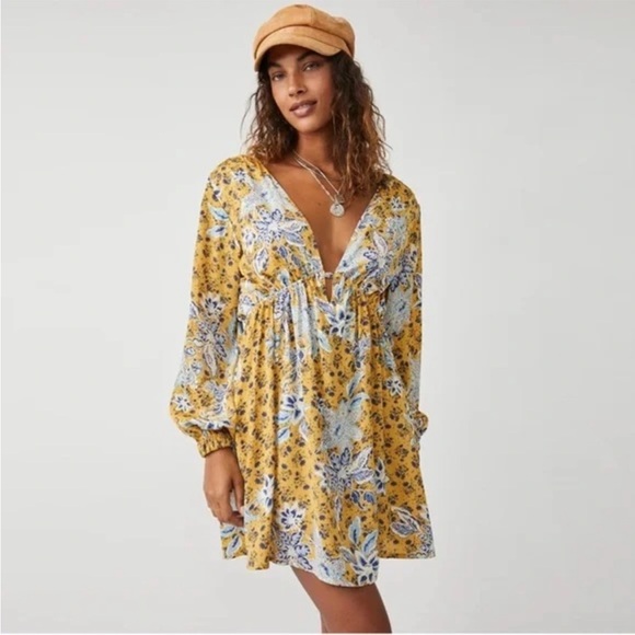 Free People Dresses & Skirts - NWT Free People, BEAUTIFUL gold and blue floral dress Size Small